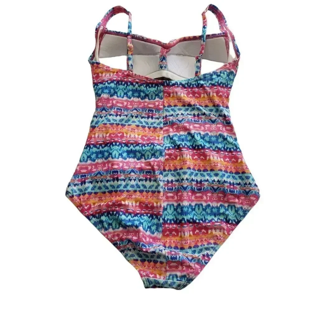 Emerald Bay Multicolored Twist-Front Side Ruched One Piece Swimsuit Size 12